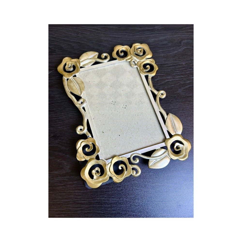 Vintage Elsa L Gold Rose Floral Metal Picture Frame 3.5x5 Art Nouveau Style